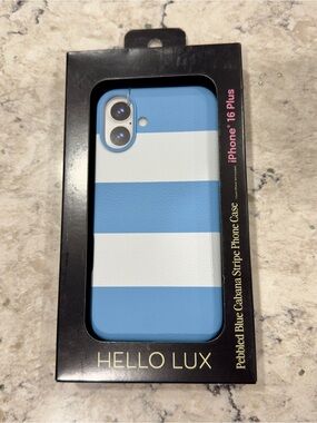New Hello Lux iPhone 16 Plus Pebbled Blue Cabana Stripe Phone Case